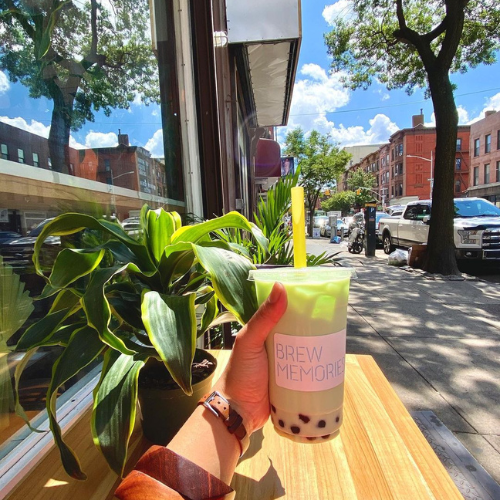 Brew Memories, a charming coffee and bubble tea shop in Park Slope, Brooklyn, NY, offering a unique selection of flavorful beverages in a welcoming atmosphere.